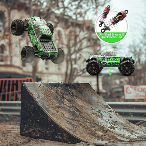 1/16 Scale RC Truck For All Ages, 4WD Ready To Run Off Road Monster, performing jump with metal differentials and oil-filled shocks