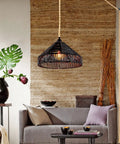 Boho Rattan Pendant Light With On Off Switch, Plug In Hanging Lamp On 15 Ft Hemp Rope, 12 Inch Handwoven Basket Shade in living room.