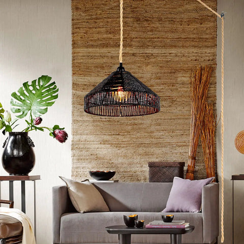 Boho Rattan Pendant Light With On Off Switch, Plug In Hanging Lamp On 15 Ft Hemp Rope, 12 Inch Handwoven Basket Shade in living room.