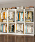Rock Solid 8 Foot Modular Closet Organizer With 12 Hanging Rods And Extra Wall Shelf No Fuss DIY Assembly For Walk In Bedroom Storage Flexible White Layout Game Changer For Small Spaces with various clothing.