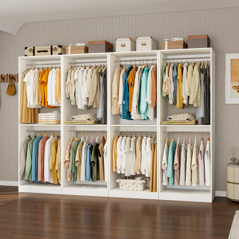 Rock Solid 8 Foot Modular Closet Organizer With 12 Hanging Rods And Extra Wall Shelf No Fuss DIY Assembly For Walk In Bedroom Storage Flexible White Layout Game Changer For Small Spaces with various clothing.
