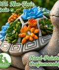 Close-up of Solar Turtle Garden Statue With Succulent Holder And Seven LED Lights showcasing colorful succulents on turtle's shell