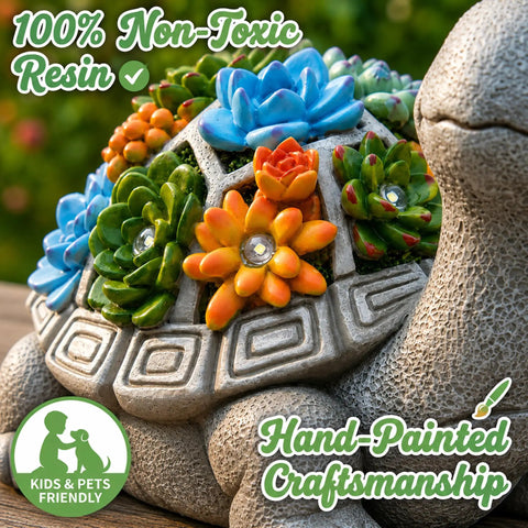 Close-up of Solar Turtle Garden Statue With Succulent Holder And Seven LED Lights showcasing colorful succulents on turtle's shell