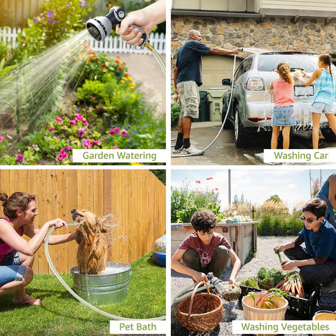 Image collage showing Retractable Garden Hose Reel 100Ft Wall Mount Heavy Duty Auto Rewind With Brass Fittings in use for various activities.
