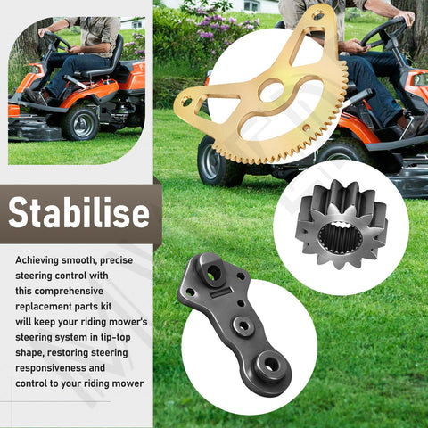 Image showcasing Beefed Up Steering Gear Segment And Pinion Gear With Steering Support Bearing Kit for lawn mowers in use.