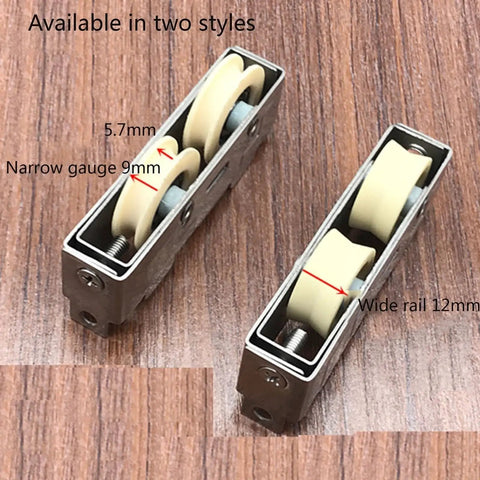 Buttery Smooth Double Wheel Window Roller 802 Style Stainless Steel Frame with Adjustable Nylon Bearing System for Sliding Aluminum Doors and Windows Narrow Gauge Track Heavy Duty Replacement Fix showing narrow and wide rail options.