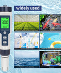Straight Up Precise Digital Pool Water Tester And Salt Salinity Checker on a blue water background with usage examples.