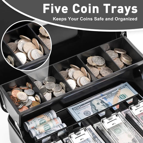 Locking Cash Box With Key Lock And Cash Tray Heavy Duty Steel Money Safe Box Portable Money Saving Organizer showing five coin trays