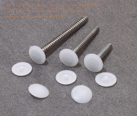 200 Pieces White Plastic Self Tapping Screw Cap Covers 7mm Diameter For Cabinets and Furniture Fittings shown with screws
