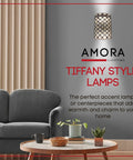 Classic Tiffany Style White Jeweled Two Light Stained Glass Wall Lamp in a modern living room setting with gray sofa.