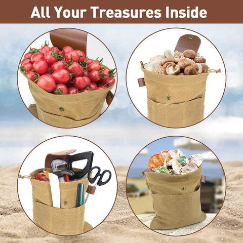 Foraging Bag For Outdoors Grab And Go Waxed Canvas Pouch Water Resistant Collapsible Brown Mushroom Forage Belt Tool Bag