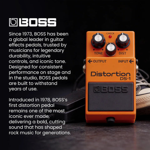 DS1 Distortion Pedal Bundle With Gearlux Power Supply, Instrument Cable, Patch Cable, Picks, And Polishing Cloth For Gnarly Rock Tones, Punchy Crunch, Tight Highs, Warm Lows, And Smooth Sustain displayed beside promotional text.