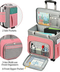 Foldable Deluxe Rolling Sewing Machine Case With Wheels for Most Machines, pink and grey with open compartments and front view