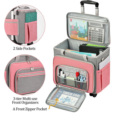 Foldable Deluxe Rolling Sewing Machine Case With Wheels for Most Machines, pink and grey with open compartments and front view