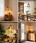 Boho Cylinder Pendant Light Featuring Plug In Flex And Sturdy 15Ft Hemp Rope Plus Handwoven Rattan Shade With Easy Flip Switch in cozy room setting.
