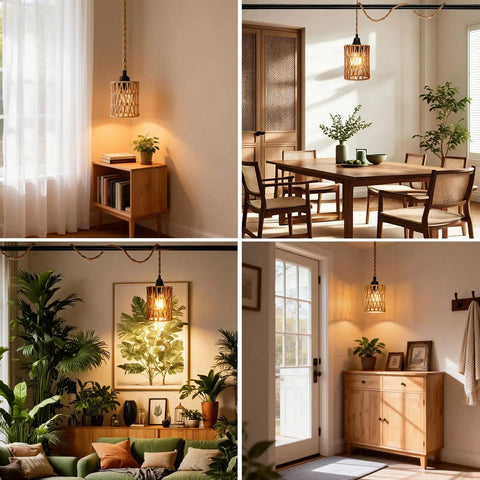 Boho Cylinder Pendant Light Featuring Plug In Flex And Sturdy 15Ft Hemp Rope Plus Handwoven Rattan Shade With Easy Flip Switch in cozy room setting.