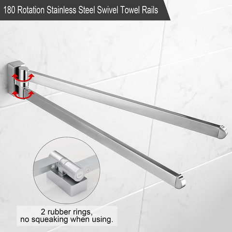 Swivel Towel Bar Two Arms Wall Mount In Brushed Nickel Heavy Duty Stainless Steel Towel Hanger with 180-degree rotation.
