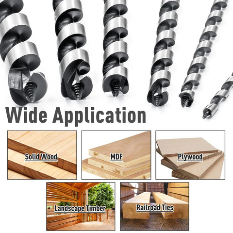 Front view: Auger drill bit set, NICAVKIT 6-piece 12-inch, hex shanks for wood, plastic, drywall