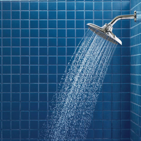 Velocity Chrome Two-Function Rain Shower Head With Immersion Technology, 8-Inch Wide Spray in a blue tiled bathroom