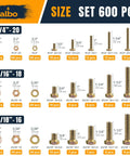 600 Piece Hex Bolt and Nut Set With Grade 5 Yellow Zinc Plated 1/4 20 5/16 18 3/8 16 Bolts And Nuts Plus Flat And Spring Washers Case Included For DIY Projects And Professional Work From ALBO, size chart showing bolt dimensions and quantities