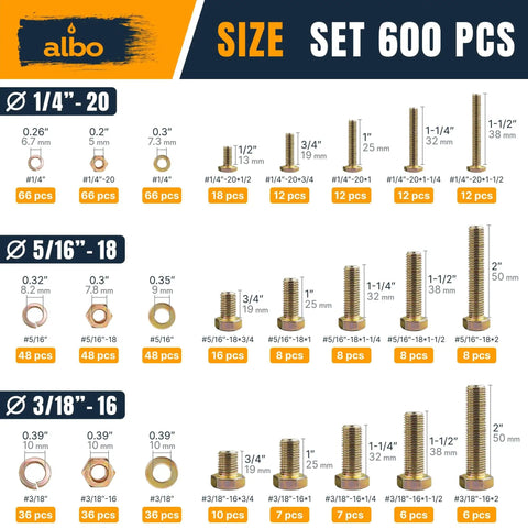 600 Piece Hex Bolt and Nut Set With Grade 5 Yellow Zinc Plated 1/4 20 5/16 18 3/8 16 Bolts And Nuts Plus Flat And Spring Washers Case Included For DIY Projects And Professional Work From ALBO, size chart showing bolt dimensions and quantities