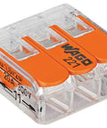 Lever Style 3 Conductor Wire Connector Kit, 24 AWG To 12, 221 Series Transparent Orange Body With Easy Levers, 50 Count Pack For Fast, Secure, Mess Free Electrical Wiring Projects on clear connector close-up