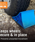 Blue plastic trailer wheel chock with rope in use on gravel, Two Trailer Wheel Chocks With Rope And Wheel Dock For Boat Trailers Travel Campers And RV Accessories Keeps Wheels From Rolling On All Trailer Tires And Easy No Hassle Setup Anywhere