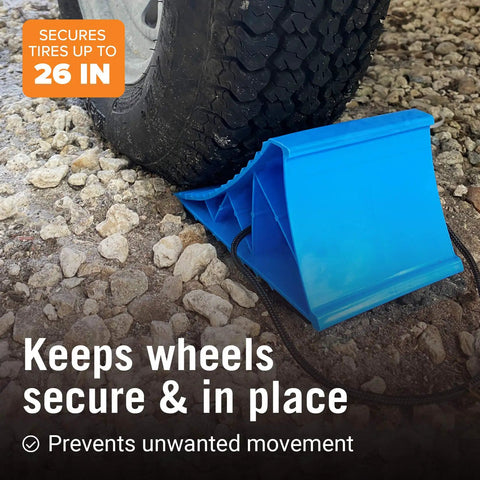 Blue plastic trailer wheel chock with rope in use on gravel, Two Trailer Wheel Chocks With Rope And Wheel Dock For Boat Trailers Travel Campers And RV Accessories Keeps Wheels From Rolling On All Trailer Tires And Easy No Hassle Setup Anywhere