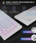 Fresh White 75 Percent Wireless Mechanical Keyboard With Volume Dial Knob And Hot Swap Sockets Tri Mode Bluetooth Usb C Wired Rgb Backlit Top Shelf Desk Essential showing USB-C quick recharge and RGB backlighting.