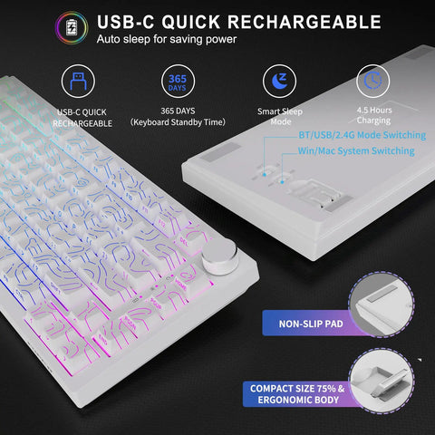 Fresh White 75 Percent Wireless Mechanical Keyboard With Volume Dial Knob And Hot Swap Sockets Tri Mode Bluetooth Usb C Wired Rgb Backlit Top Shelf Desk Essential showing USB-C quick recharge and RGB backlighting.