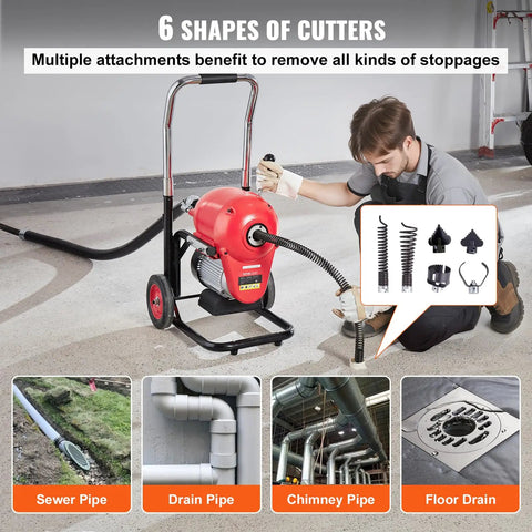 Heavy Duty Electric Sewer Snake Drain Cleaner Machine With 120 Ft Steel Cable And 1100 Watt Motor for various pipe types and attachments.