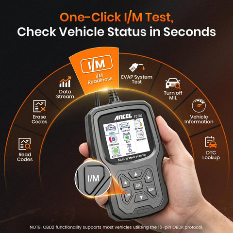 Ford Lincoln Mercury FD700 OBD2 Scanner All In One Full System Diagnostic Tool With Battery Registration ABS SRS SAS BMS TPMS Engine EPB Regen And More For Ford Vehicles displayed in hand showing I/M readiness screen