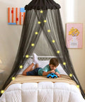 Child playing under Black Bed Canopy With Star Lights For Kids And Adults, Hanging Sheer Net Curtain, Modern Bedroom Decor