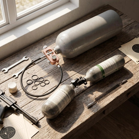 Scuba Valve Adapter 4500 Psi Fill Station with Hose on wooden table, surrounded by HPA tanks, O-rings, and tools, ideal for various fill needs