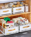 Top Shelf Pull Out Cabinet Organizer With Adhesive Nano Film Hella Sturdy Slide Out Pantry Shelves And Sliding Mesh Basket With Handle For Kitchen Bathroom And Home 11 Point 8 By 15 Point 7 By 6 Point 2 Inches White, organized food storage bins in cabinet.