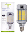 Built Different Heavy Duty LED Post Top Light, Wattage Selectable 80W 100W 110W, showing EX39 Mogul Base and packaging.