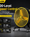Heavy Duty Industrial Floor Fan 35.8 Inch Brushless Drum Circulator with 100-level speed control for flexible airflow.
