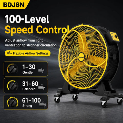 Heavy Duty Industrial Floor Fan 35.8 Inch Brushless Drum Circulator with 100-level speed control for flexible airflow.