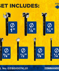 Forged Steel Forstner Drill Bit Set, seven pieces from 1/4 inch to 1 inch arranged with sizes labeled on a yellow background.