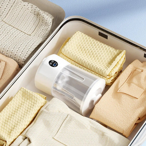 Portable Mini Sock Washing Machine Cordless Rechargeable Battery Power No Sweat Quick Clean Spot-On Stain Removal in a drawer with folded socks.