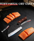 Serbian Chef Cleaver Knife With Leather Sheath 5.8 Inch Hammered 3CR13 Blade, sliced salmon on black surface
