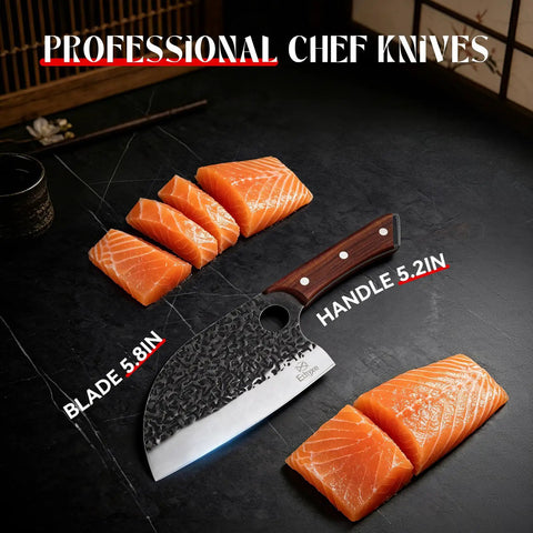 Serbian Chef Cleaver Knife With Leather Sheath 5.8 Inch Hammered 3CR13 Blade, sliced salmon on black surface