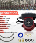 High Output Water Circulator Pump With Straightforward Installation And Smooth Operation For Residential Hydronic Heating Systems, specifications and fittings shown.
