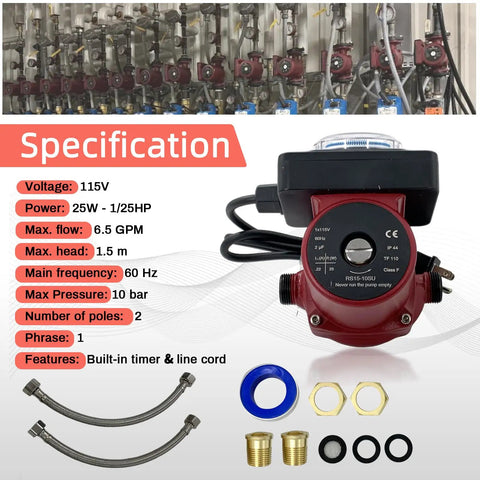 High Output Water Circulator Pump With Straightforward Installation And Smooth Operation For Residential Hydronic Heating Systems, specifications and fittings shown.