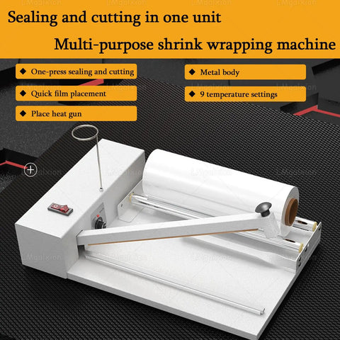 GFJYKDL 1800W Adjustable Heat Shrink Wrap Machine, Dual Speed Heat Gun with Nine Temp Levels & Impulse Sealer on black surface.
