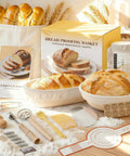 No Brainer All In One Sourdough Starter Kit For Beginners with banneton proofing baskets, dough whisk, scrapers, and tools.