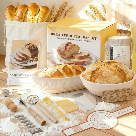 No Brainer All In One Sourdough Starter Kit For Beginners with banneton proofing baskets, dough whisk, scrapers, and tools.