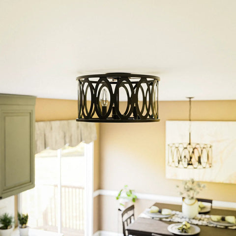 Prince 3 Light Flush Mount Oil Rubbed Bronze With Open Frame And Crystal Clear Glass Shades in modern dining room setting