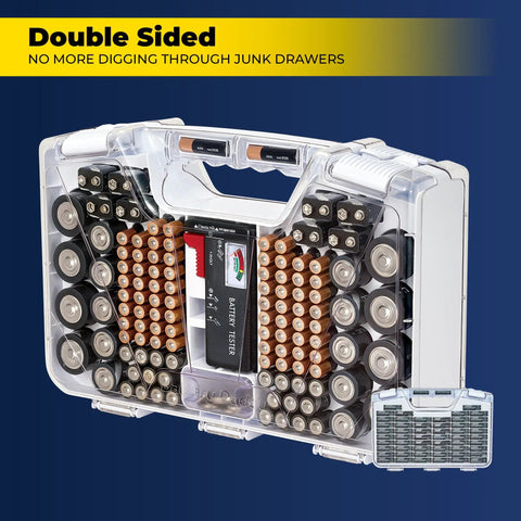 Hella Smart Portable Battery Organizer Storage Case With Built In Tester Holds A Solid Load Of Cells Double Sided Design Employs Clear View Cover To Keep Everything Secure And Ready