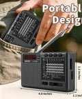 Dope Portable Shortwave Radio With DSP And 12 Bands AM FM SW fitting into a pocket, showing its compact size and retractable antenna.